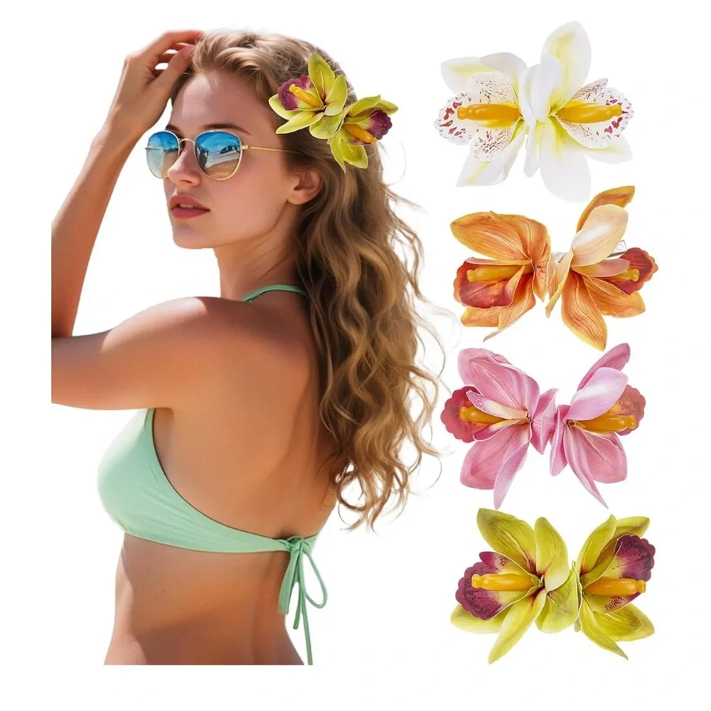 🆕 Tropical Hawaiian Flower Hair Clips - 4 Pack Artificial Hawaii Orchid Hairpin